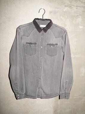 AllSaints Gray Denim Western Shirt Corduroy Collar